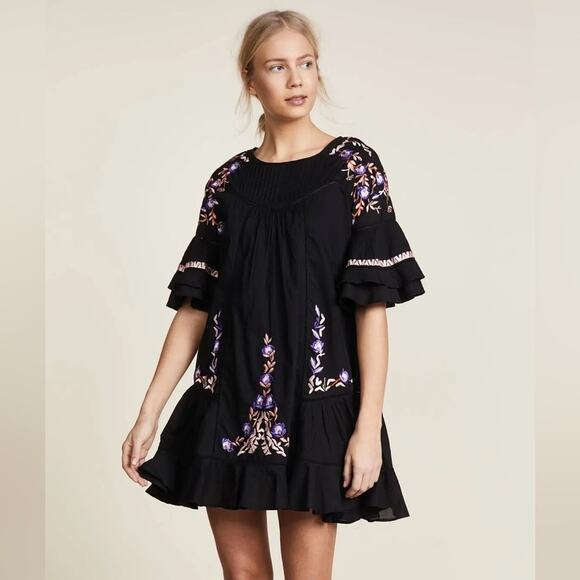 Free People Dresses & Skirts - Free People Women's Black Cotton Embroidered Bell Sleeve Mini Dress Size S